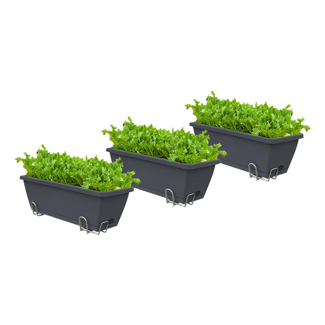 49.5cm Black Rectangular Planter Vegetable Herb Flower Outdoor Plastic Box with Holder Balcony Garden Decor Set of 3