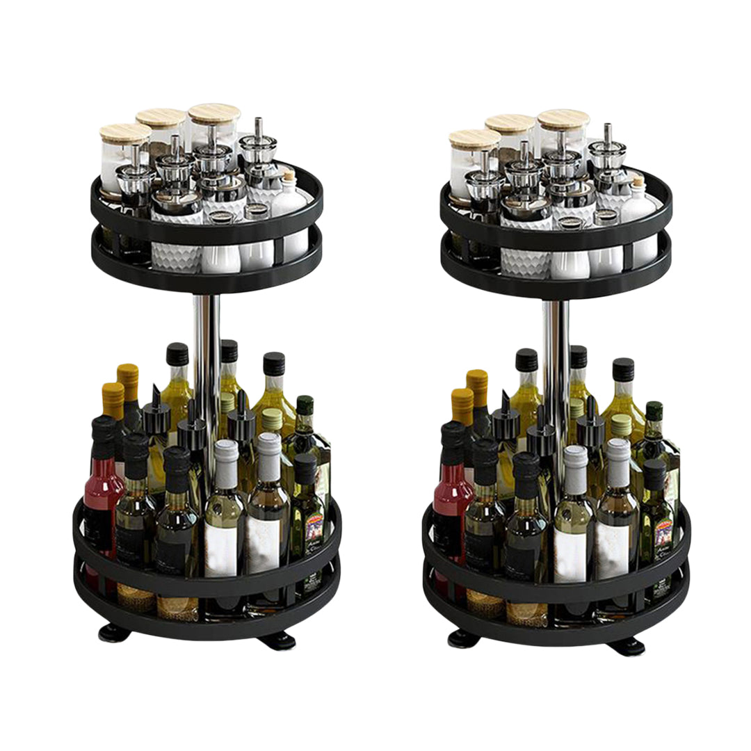2X 2 Tier Steel Black Round Rotating Multi-Function Kitchen Portable Storage Spice Seasoning Kitchen Countertop Organiser Shelf