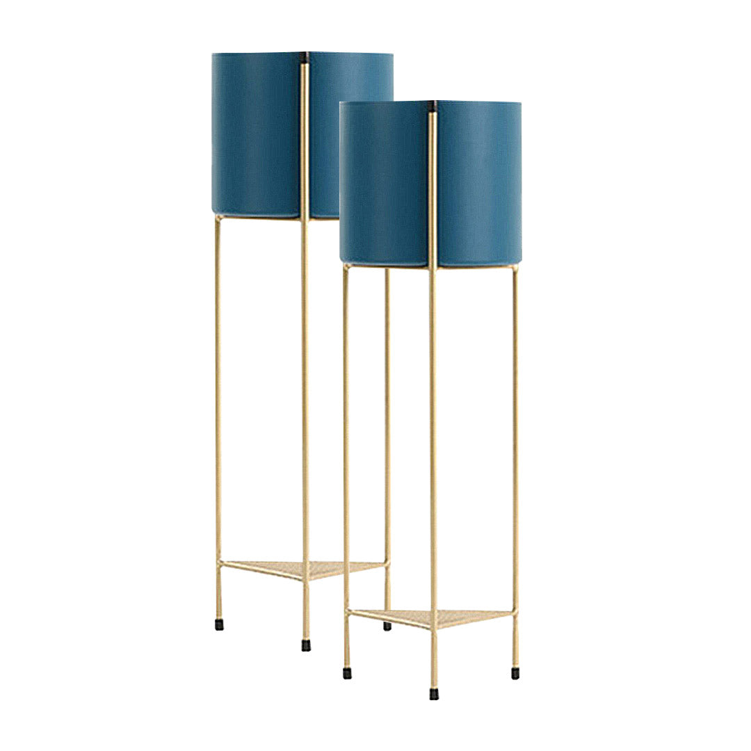 Soga 2 X 2 Layer 65cm Gold Metal Plant Stand With Blue Flower Pot Holder Corner Shelving Rack Indoor Display
