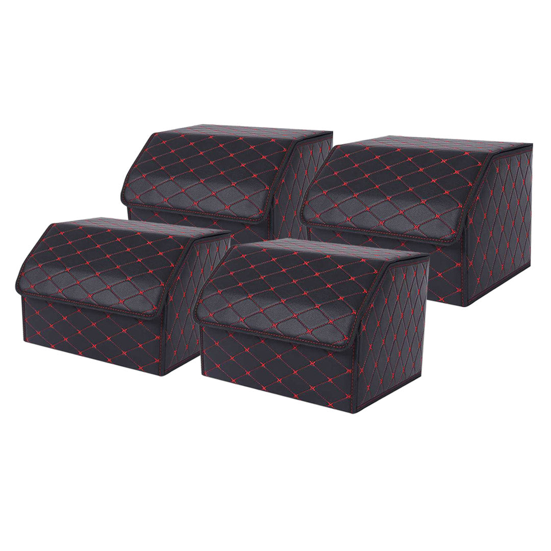 Soga 4 X Leather Car Boot Collapsible Foldable Trunk Cargo Organizer Portable Storage Box Black/Red Stitch Medium