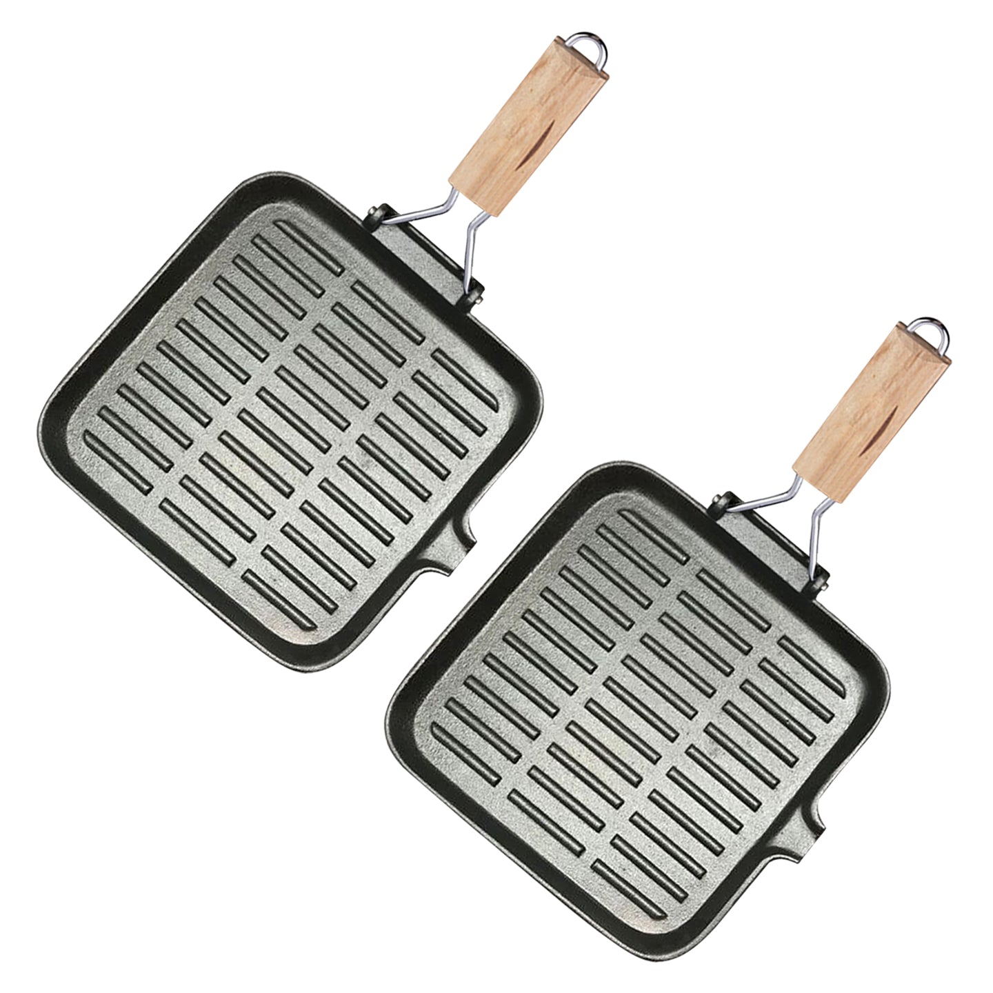 Soga 2 X 28cm Ribbed Cast Iron Square Steak Frying Grill Skillet Pan With Folding Wooden Handle