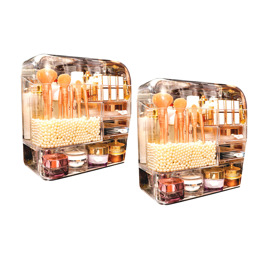 2X Transparent Cosmetic Storage Box Clear Makeup Skincare Holder with Lid Drawers Waterproof  Dustproof Organiser with Pearls