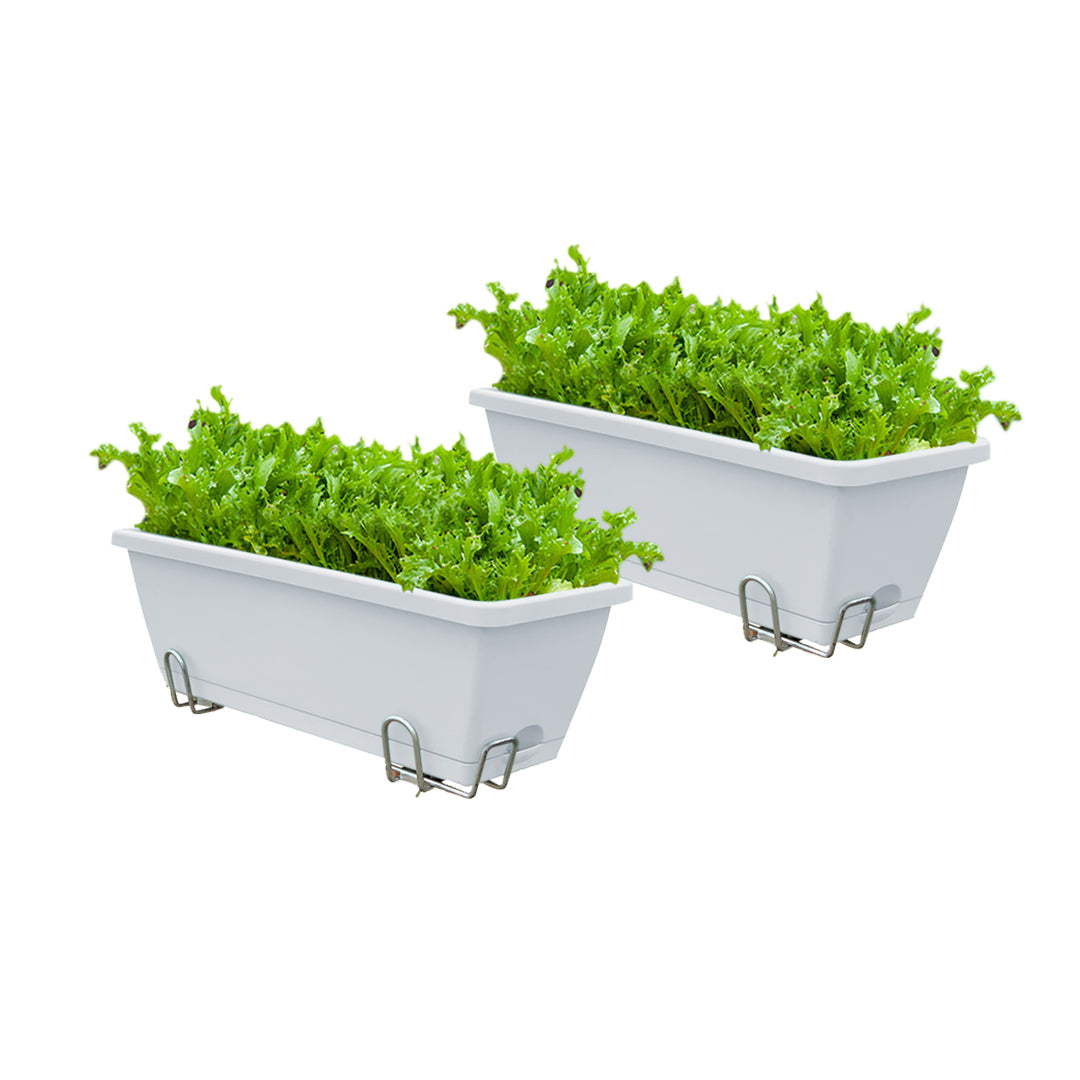 49.5cm White Rectangular Planter Vegetable Herb Flower Outdoor Plastic Box with Holder Balcony Garden Decor Set of 2