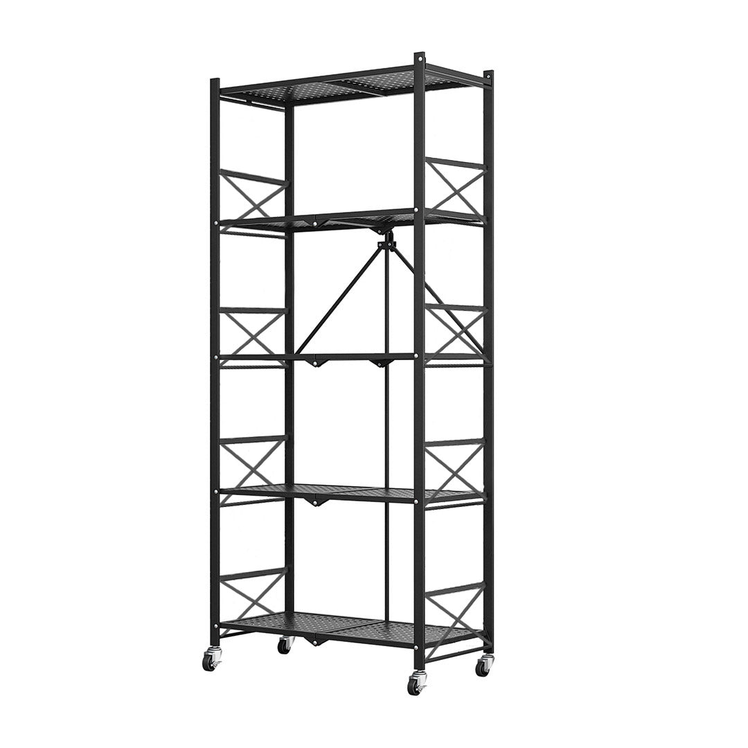 Soga 5 Tier Steel Black Foldable Display Stand Multi Functional Shelves Portable Storage Organizer With Wheels