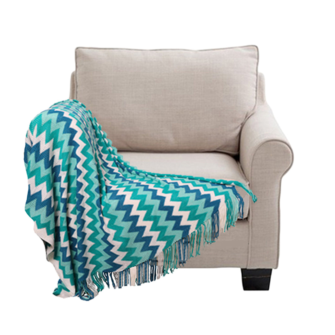 220cm Blue Zigzag Striped Throw Blanket Acrylic Wave Knitted Fringed Woven Cover Couch Bed Sofa Home Decor