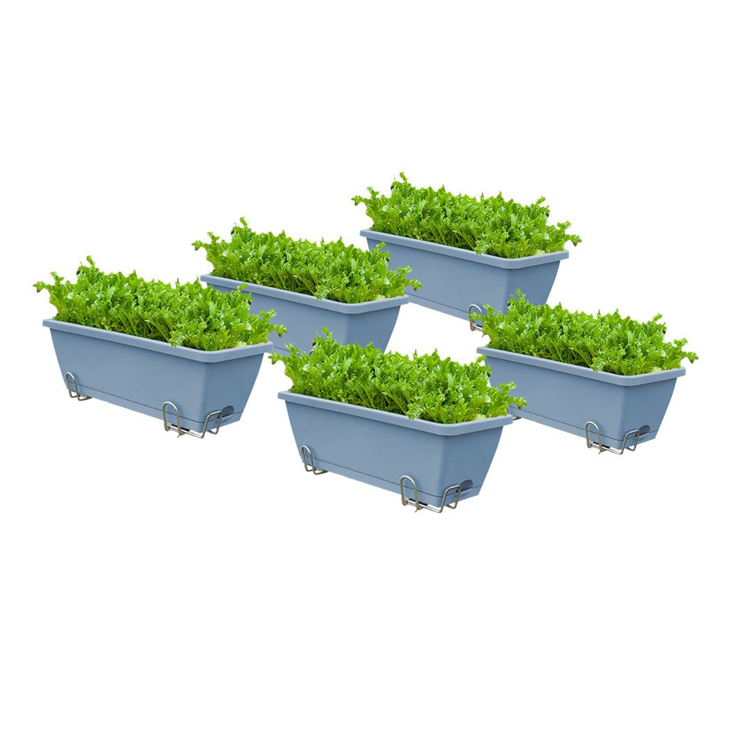 49.5cm Blue Rectangular Planter Vegetable Herb Flower Outdoor Plastic Box with Holder Balcony Garden Decor Set of 5