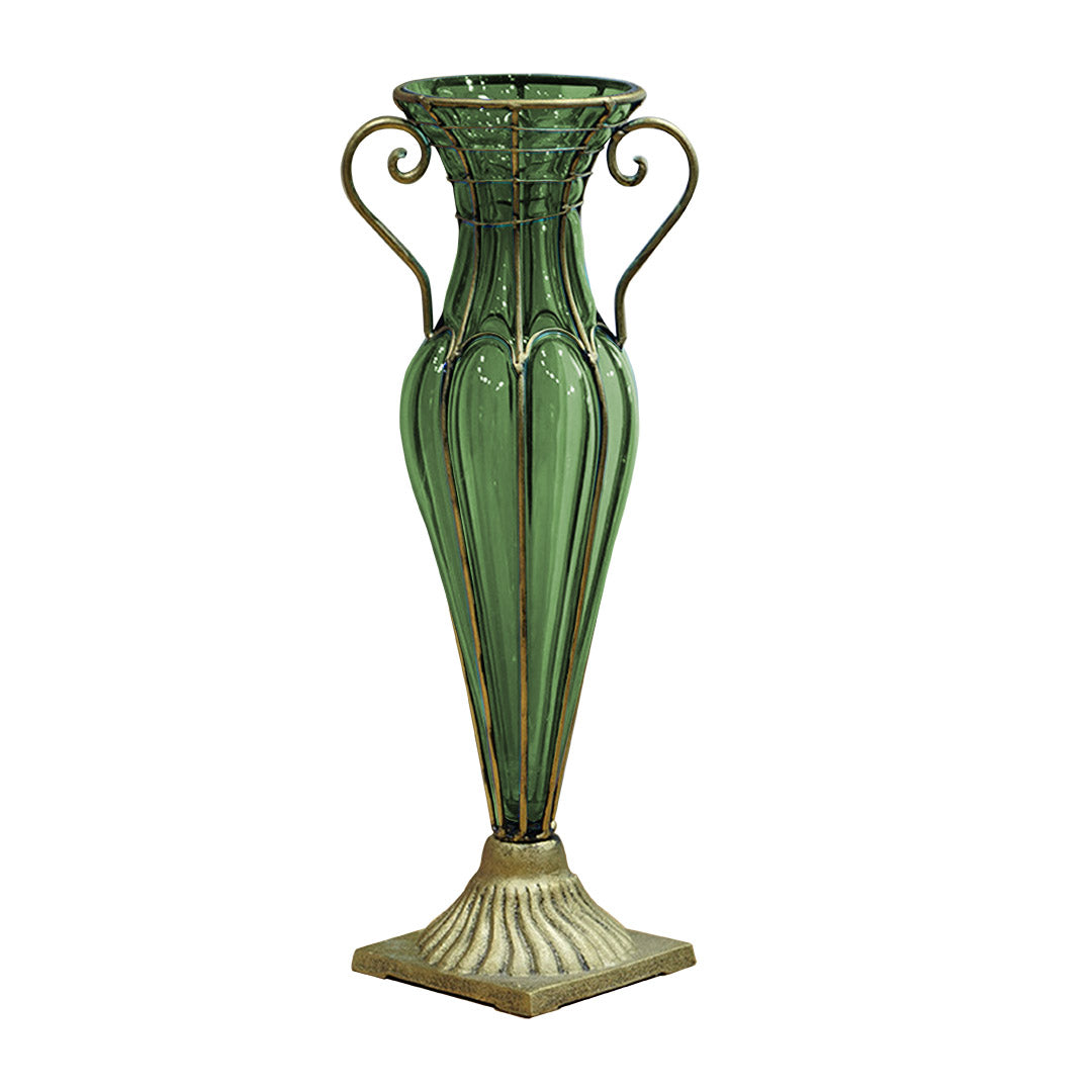 Soga Green Colored European Glass Flower Vase Solid Base With Two Gold Metal Handle