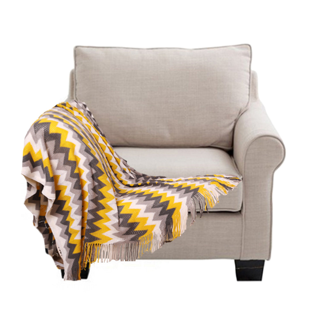 220cm Yellow Zigzag Striped Throw Blanket Acrylic Wave Knitted Fringed Woven Cover Couch Bed Sofa Home Decor