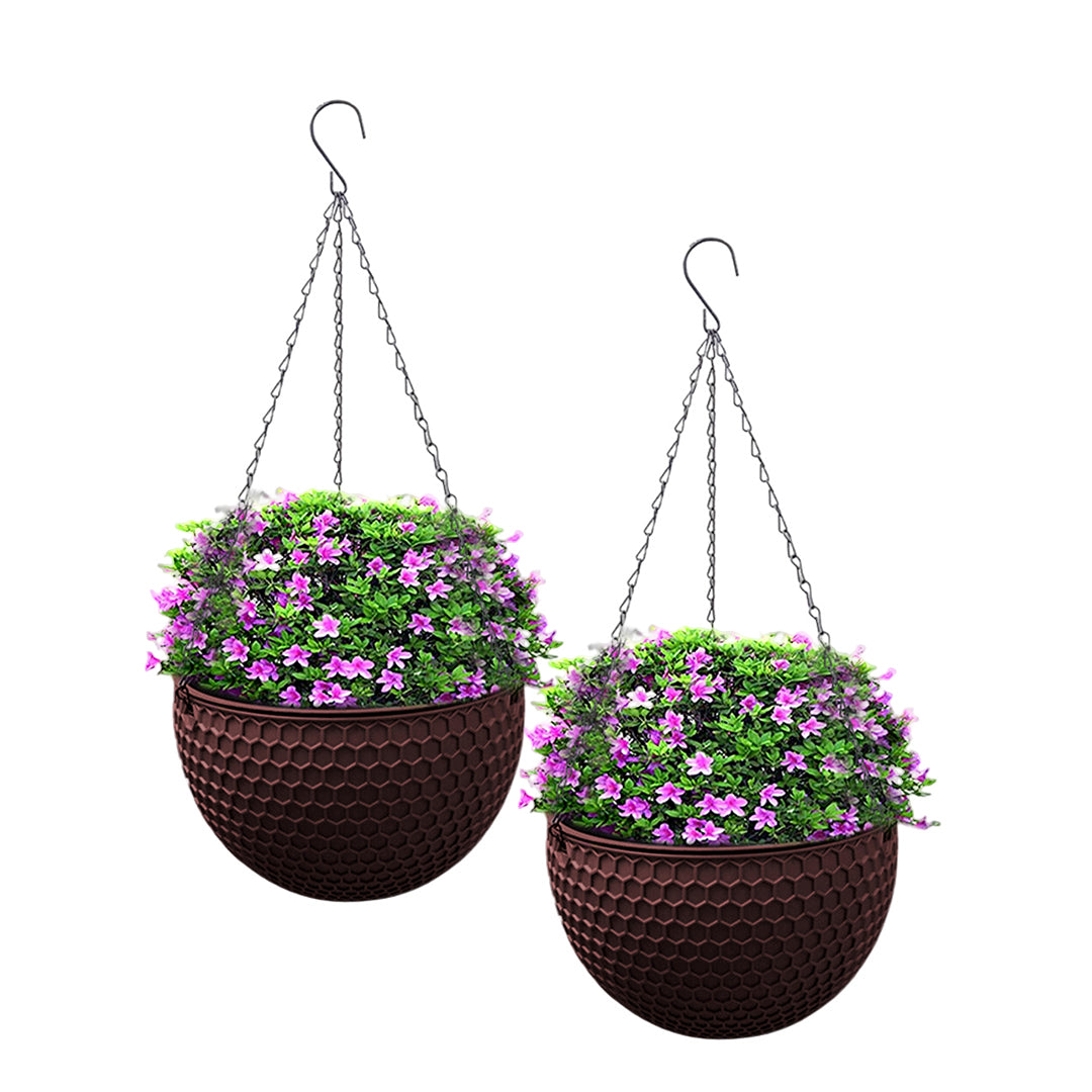 2X Coffee Medium Hanging Resin Flower Pot Self Watering Basket Planter Indoor Outdoor Garden Decor
