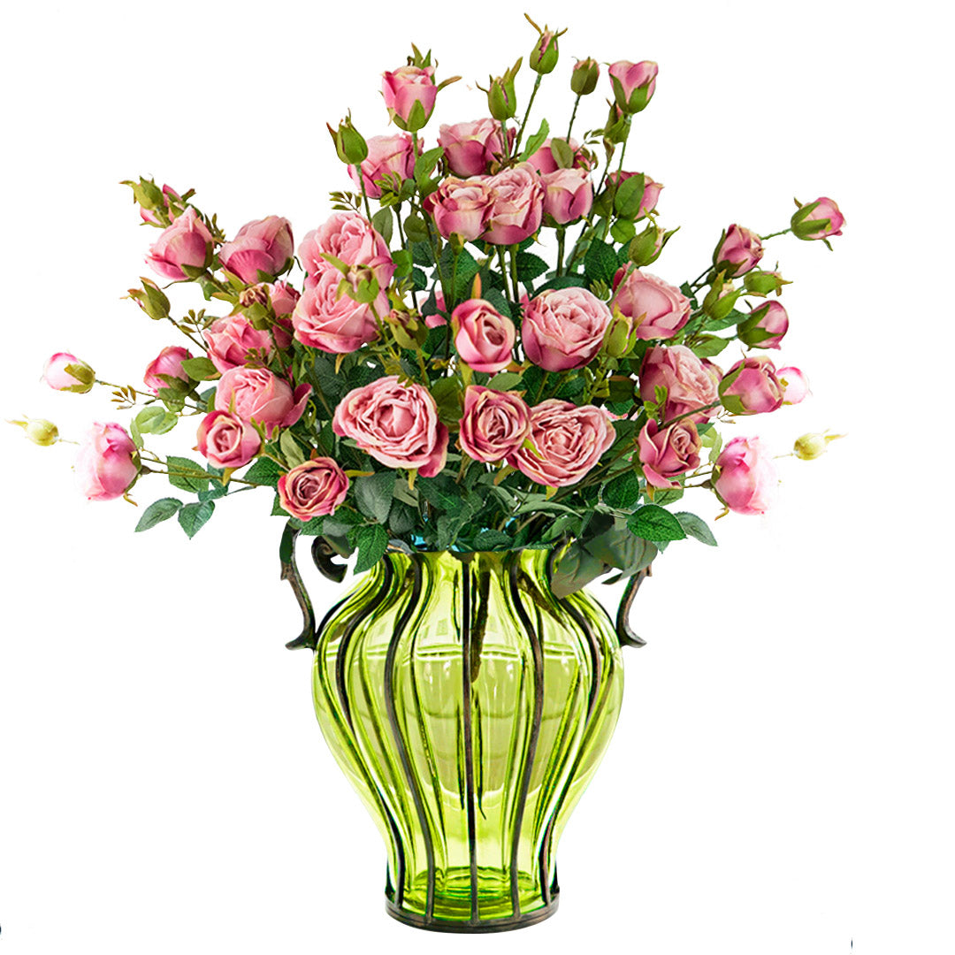 Soga Green Colored Glass Flower Vase With 10 Bunch 6 Heads Artificial Fake Silk Rose Home Decor Set