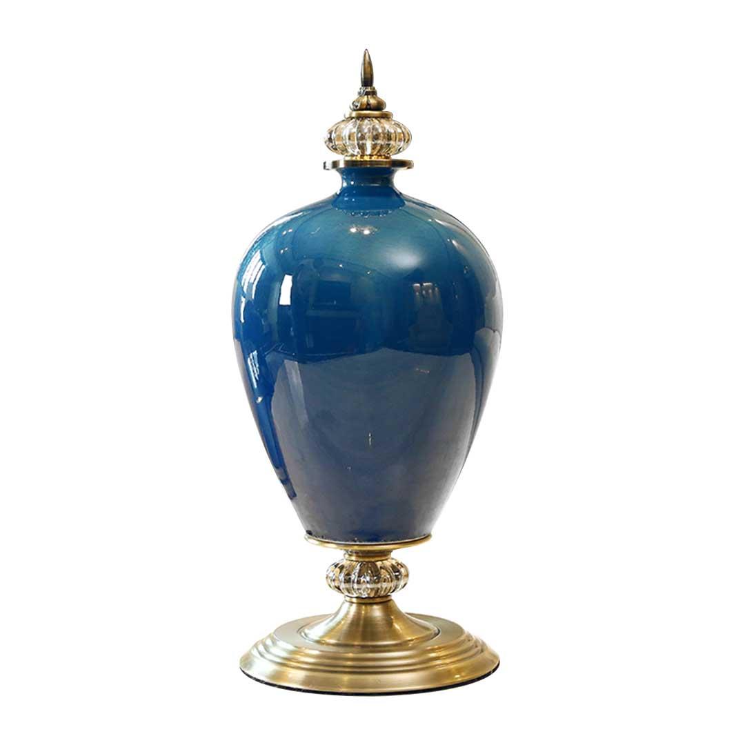 Soga 42.50cm Ceramic Oval Flower Vase With Gold Metal Base Dark Blue
