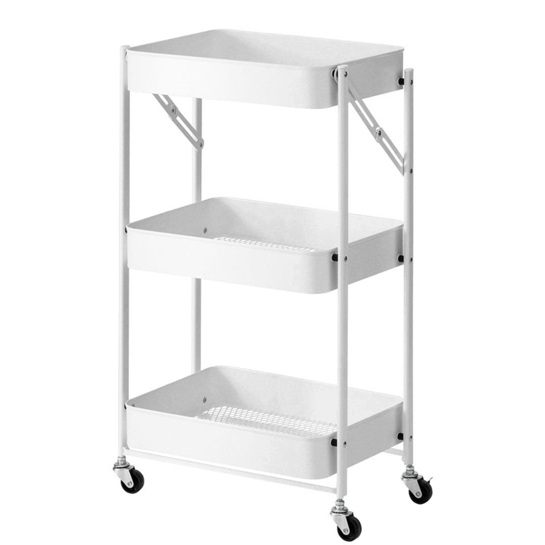 Soga 3 Tier Steel White Foldable Kitchen Cart Multi Functional Shelves Portable Storage Organizer With Wheels