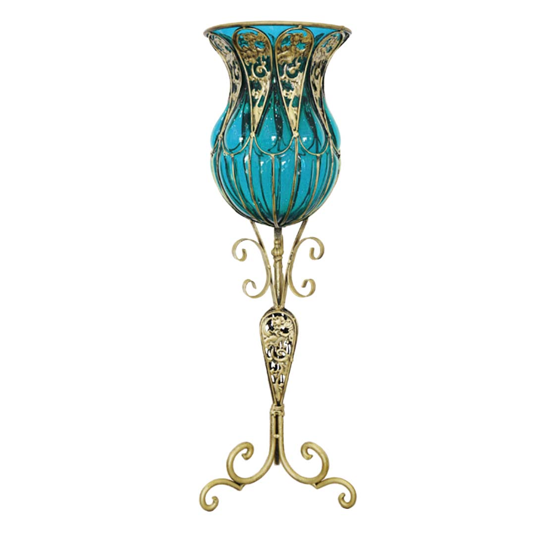 Soga 85cm Blue Glass Floor Vase With Tall Metal Flower Stand