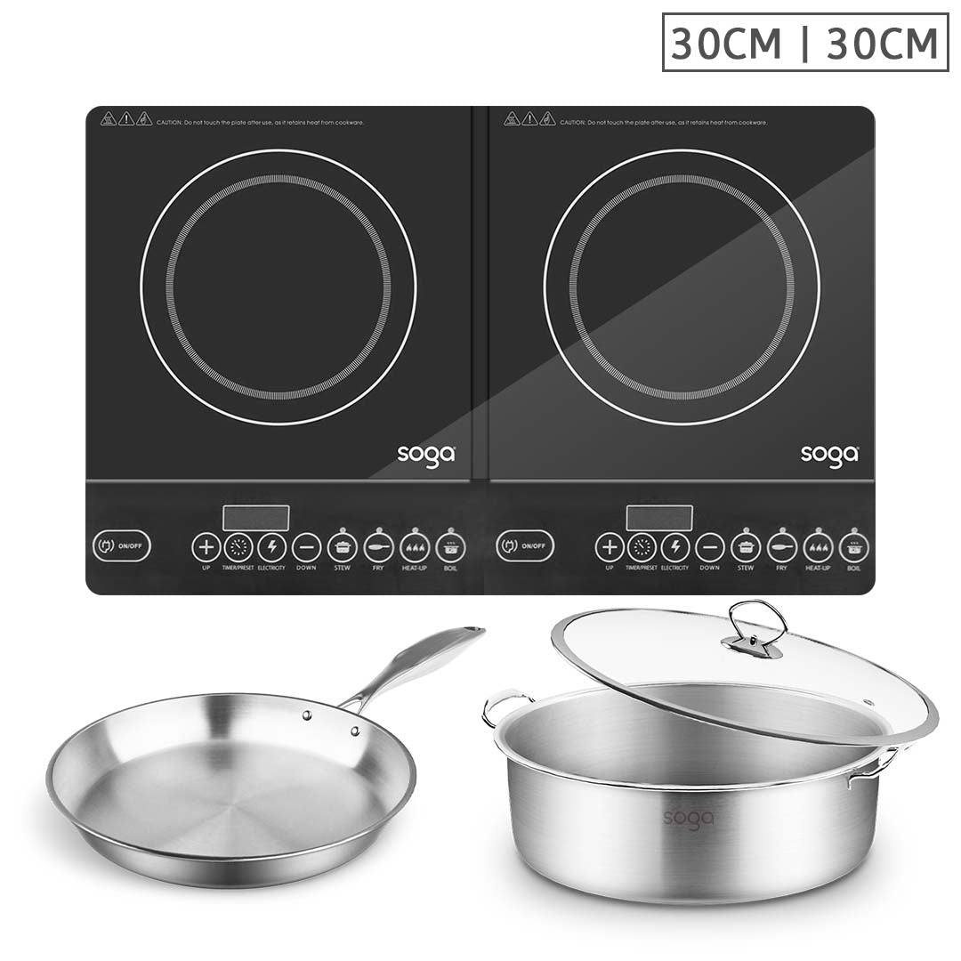 Soga Dual Burners Cooktop Stove 30cm Stainless Steel Induction Casserole And 30cm Fry Pan