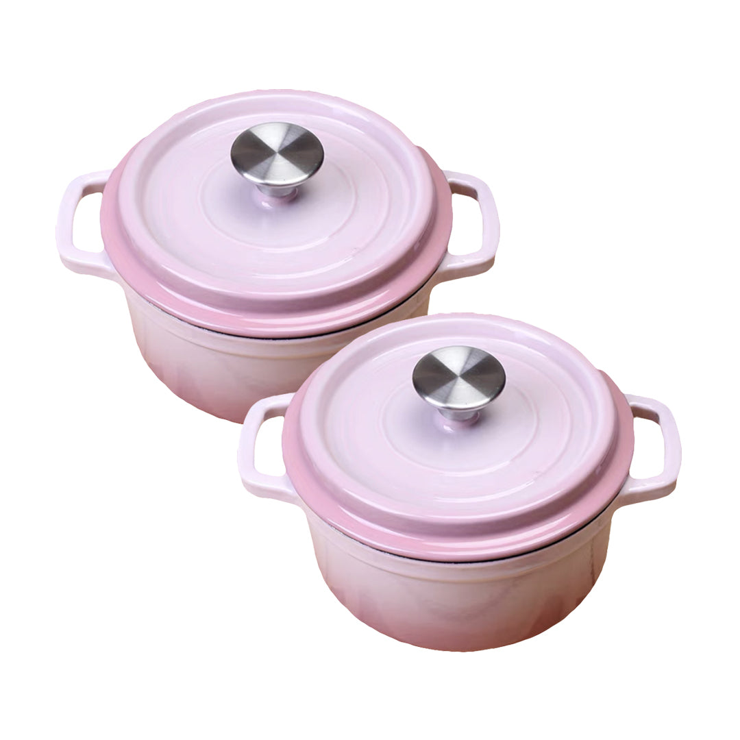 2X 22cm Pink Cast Iron Ceramic Stewpot Casserole Stew Cooking Pot With Lid