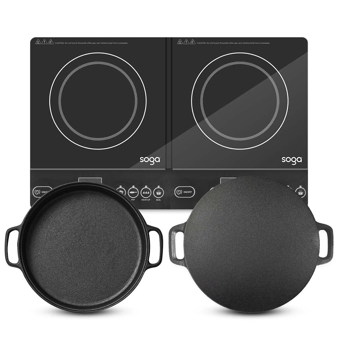 Soga Dual Burners Cooktop Stove 30cm Cast Iron Skillet And 34cm Induction Crepe Pan Cookware