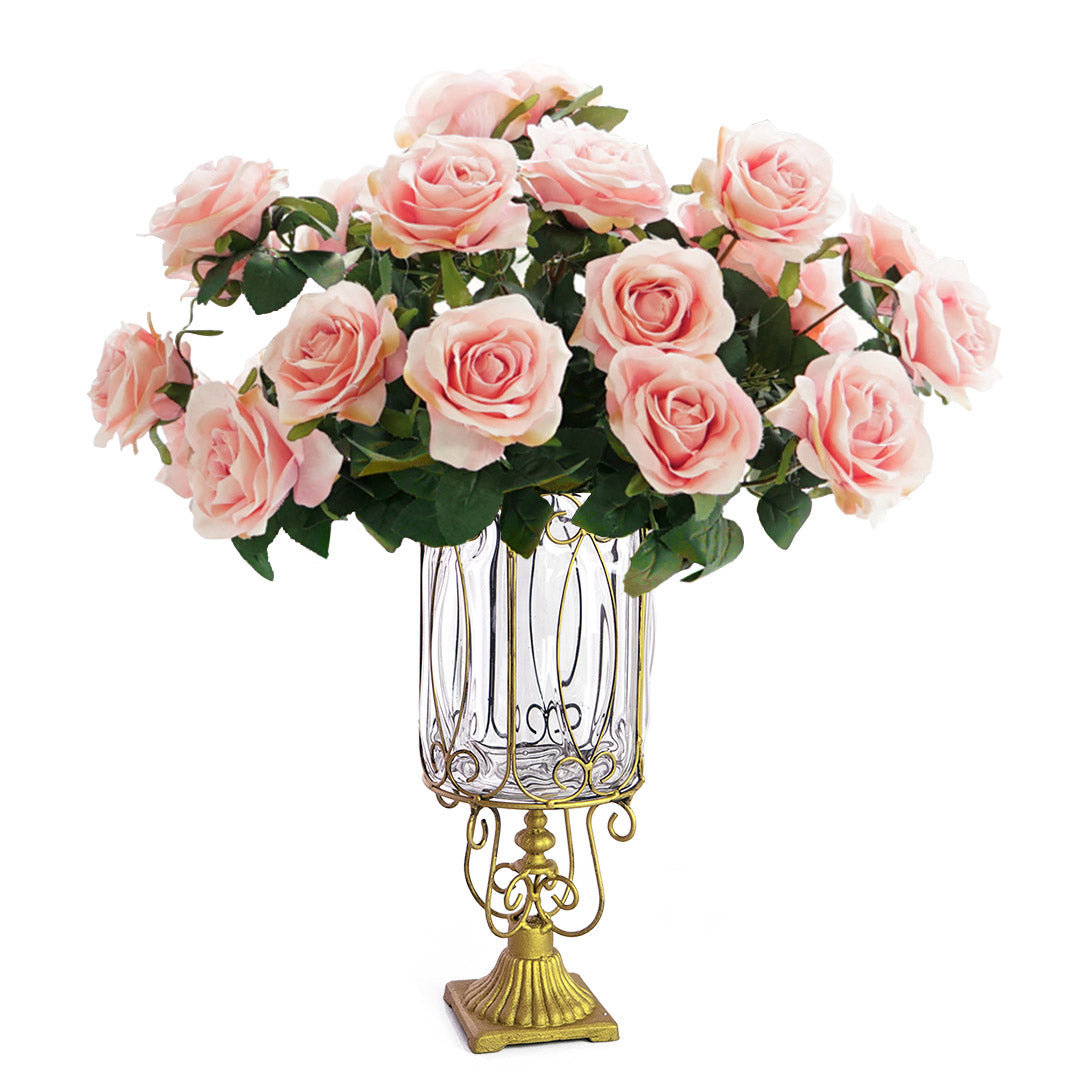 Soga Clear Glass Cylinder Flower Vase With 4 Bunch 9 Heads Artificial Fake Silk Rose Home Decor Set