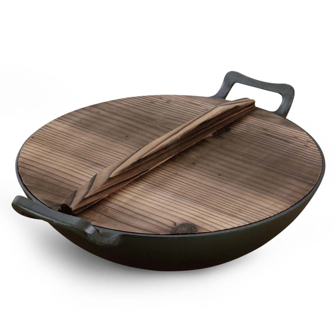 Soga 36 Cm Commercial Cast Iron Wok Fry Pan With Wooden Lid Fry Pan