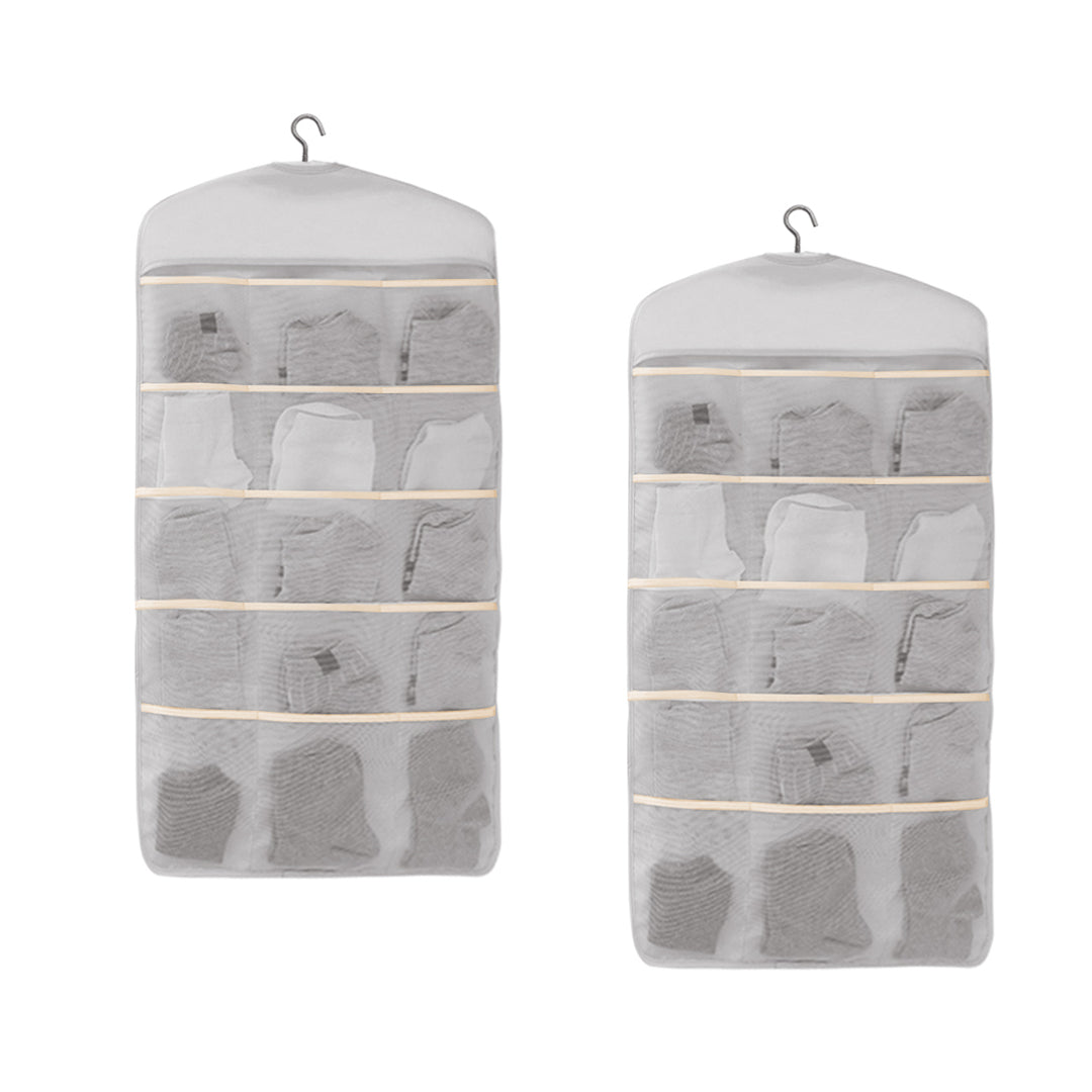 2X Grey Double Sided Hanging Storage Bag Underwear Bra Socks Mesh Pocket Hanger Home Organiser