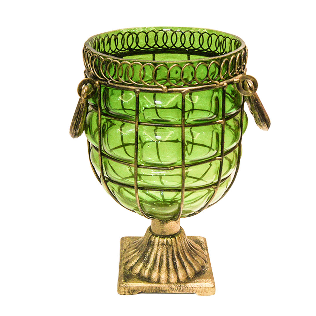 Soga Green Colored European Glass Jar Flower Vase Solid Base With Metal Handle