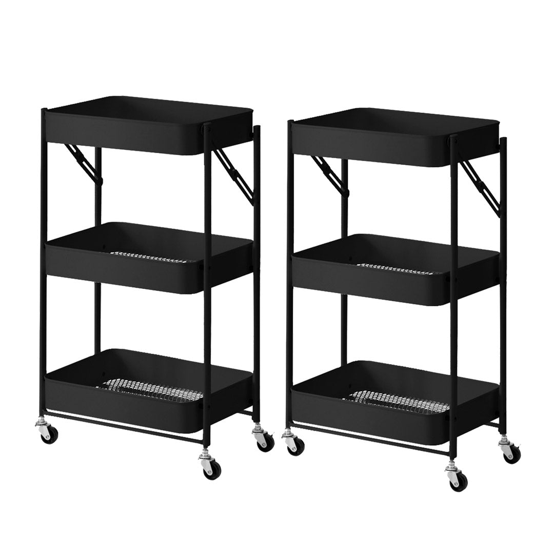 Soga 2 X 3 Tier Steel Black Foldable Kitchen Cart Multi Functional Shelves Portable Storage Organizer With Wheels