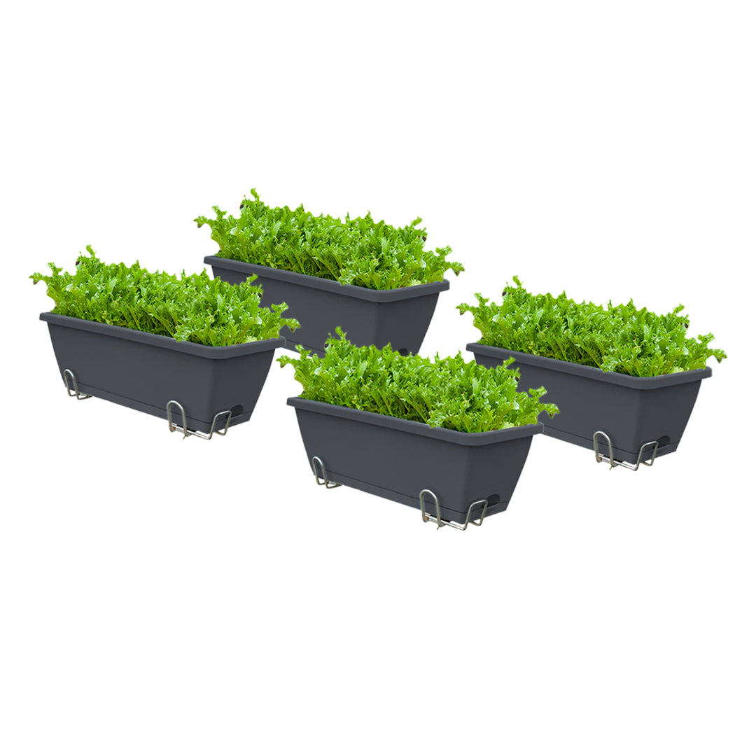 49.5cm Black Rectangular Planter Vegetable Herb Flower Outdoor Plastic Box with Holder Balcony Garden Decor Set of 4