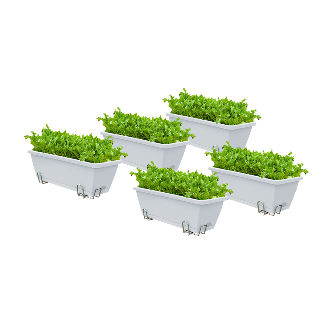 49.5cm White Rectangular Planter Vegetable Herb Flower Outdoor Plastic Box with Holder Balcony Garden Decor Set of 5