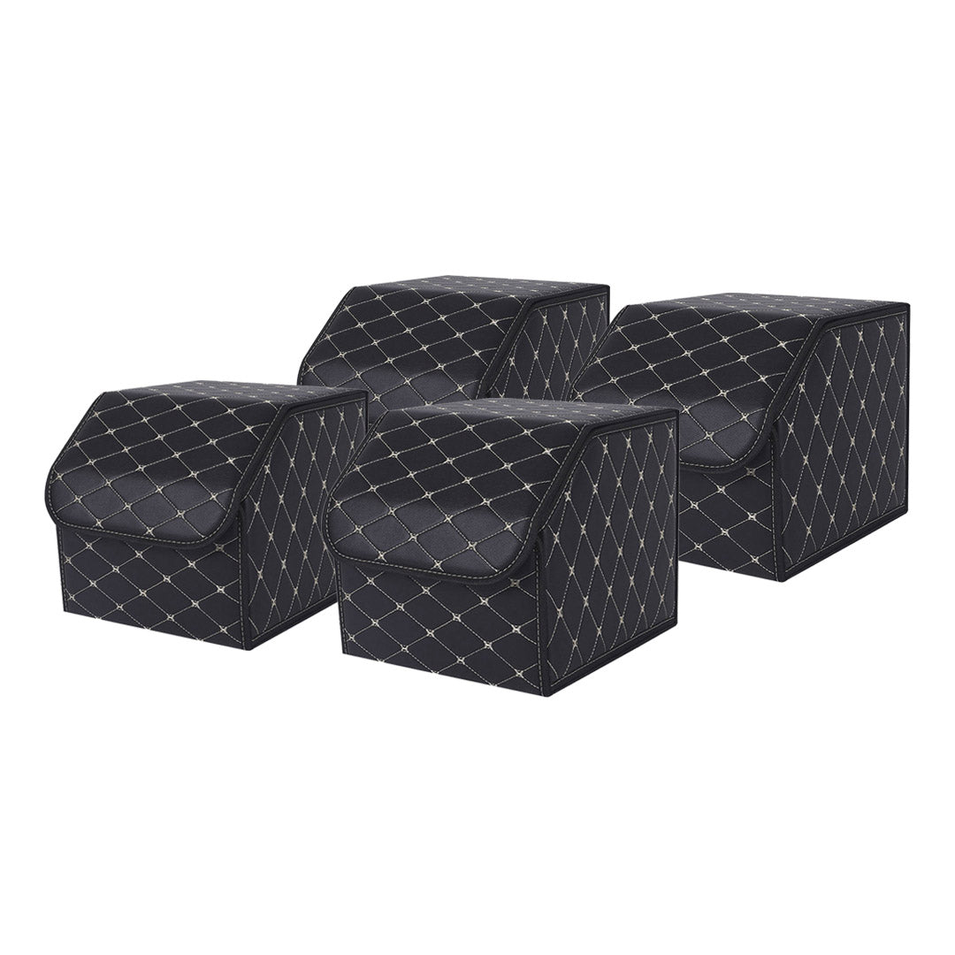 Soga 4 X Leather Car Boot Collapsible Foldable Trunk Cargo Organizer Portable Storage Box Black/Gold Stitch Small