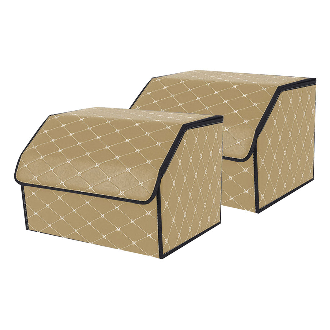 Soga 2 X Leather Car Boot Collapsible Foldable Trunk Cargo Organizer Portable Storage Box Beige/Gold Stitch Medium