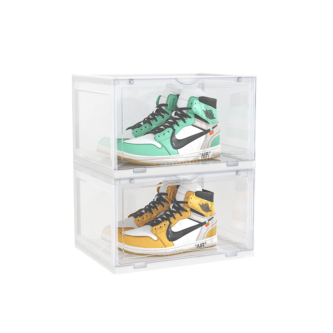 2 Tier Transparent Portable Shoe Organiser Sneaker Footwear Folding Plastic Bin Stackable Storage Box with Magnetic Door