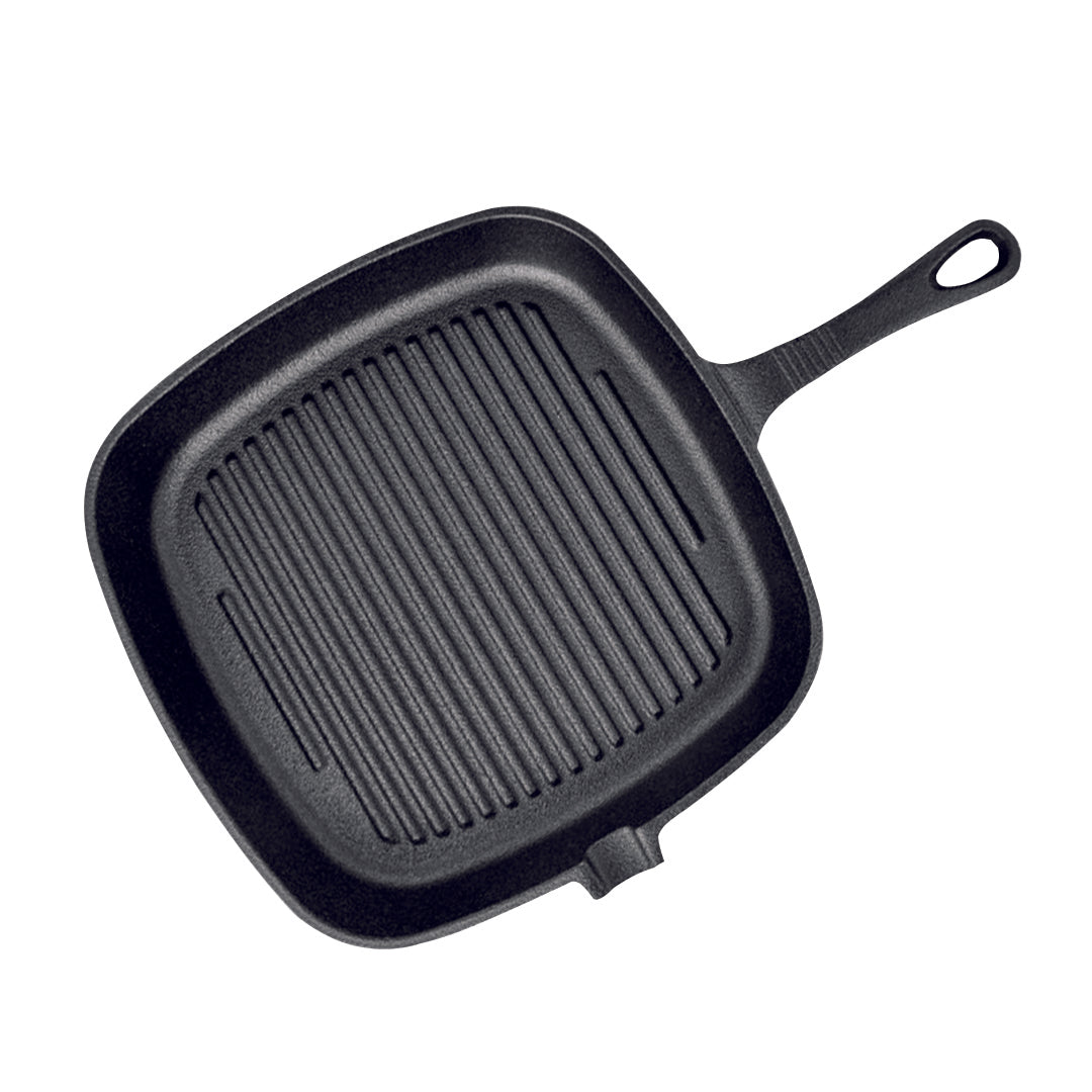 Soga 23.5cm Square Ribbed Cast Iron Frying Pan Skillet Steak Sizzle Platter With Handle