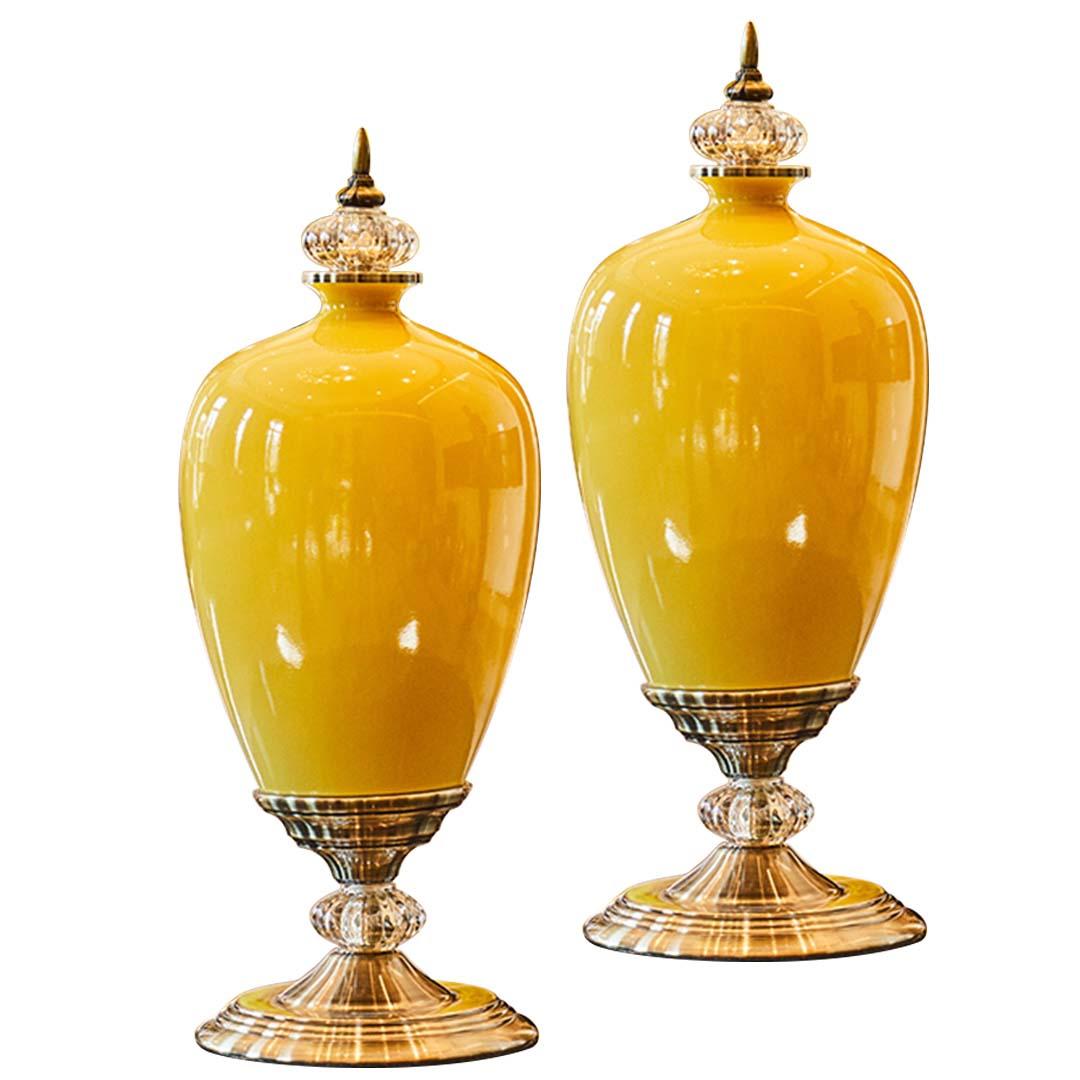 Soga 2 X 42cm Ceramic Oval Flower Vase With Gold Metal Base Yellow