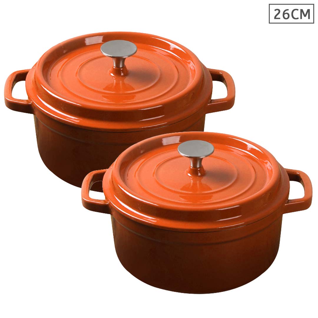 Soga 2 X Cast Iron 26cm Enamel Porcelain Stewpot Casserole Stew Cooking Pot With Lid Orange