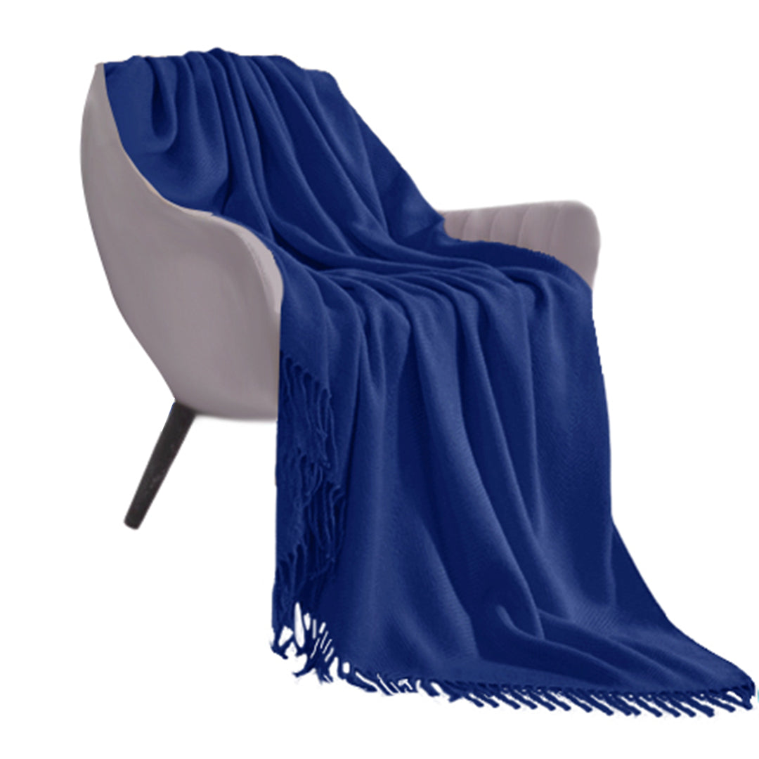 Royal Blue Acrylic Knitted Throw Blanket Solid Fringed Warm Cozy Woven Cover Couch Bed Sofa Home Decor