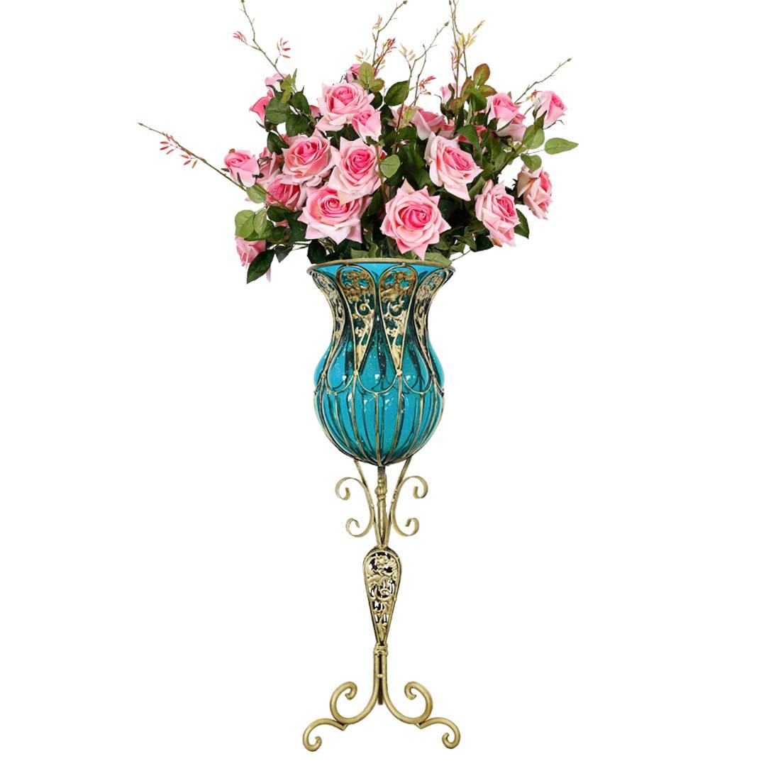Soga 85cm Blue Glass Tall Floor Vase And 12pcs Pink Artificial Fake Flower Set