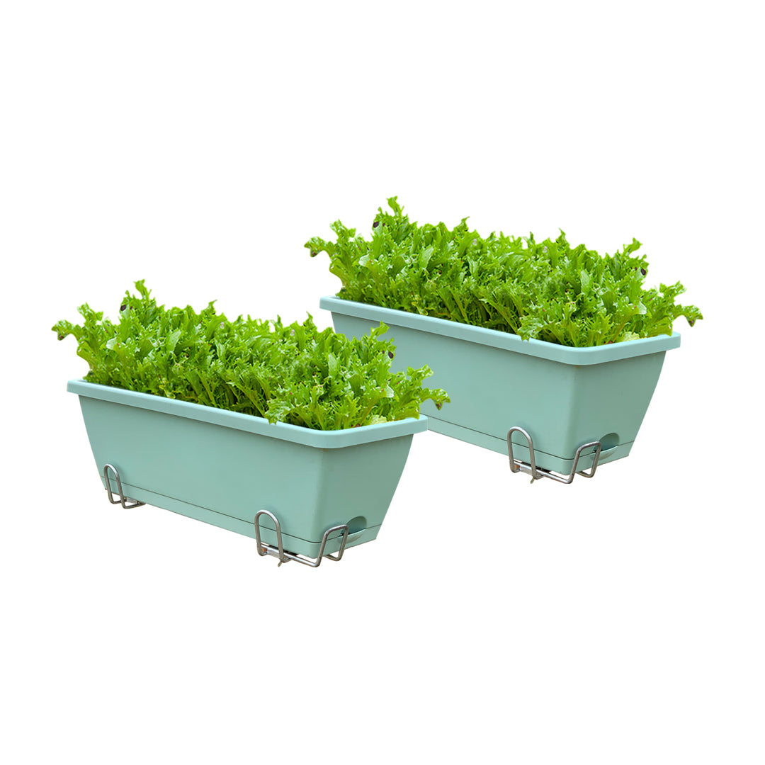 49.5cm Green Rectangular Planter Vegetable Herb Flower Outdoor Plastic Box with Holder Balcony Garden Decor Set of 2