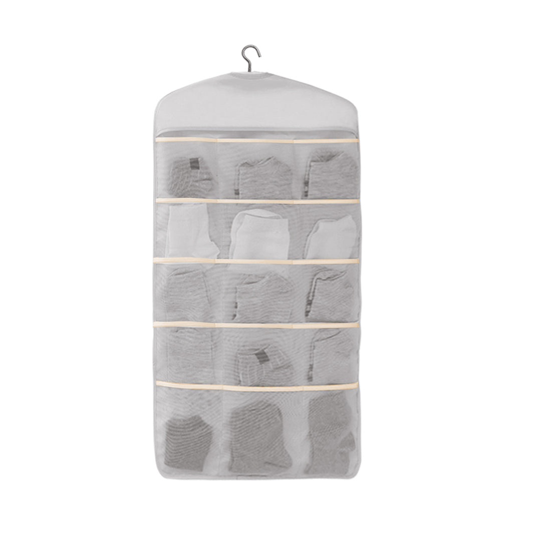 Grey Double Sided Hanging Storage Bag Underwear Bra Socks Mesh Pocket Hanger Home Organiser