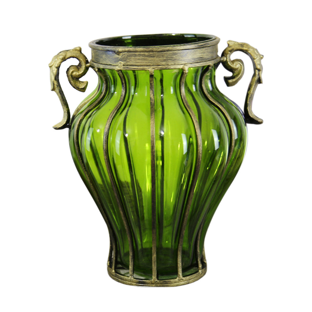 Soga Green Colored European Glass Home Decor Flower Vase With Two Metal Handle