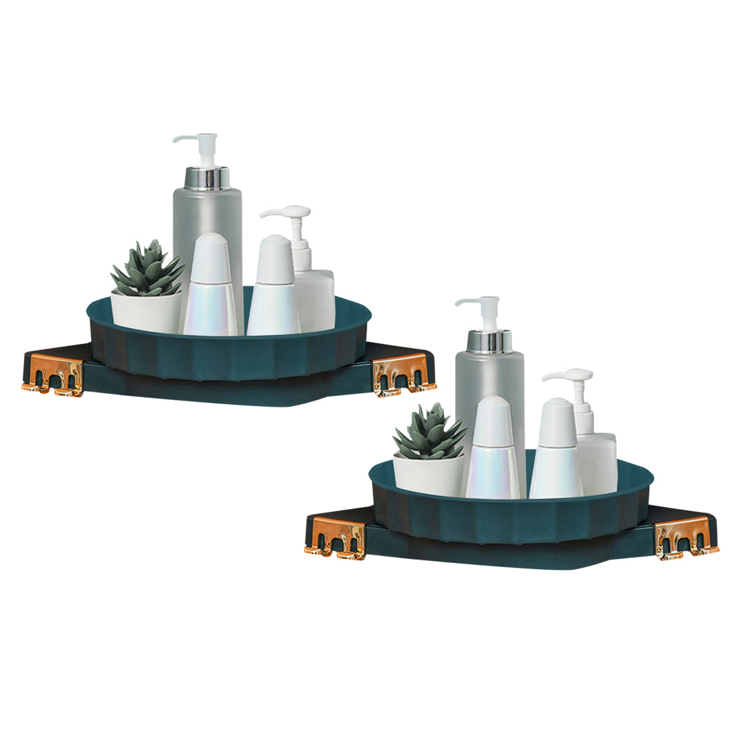 2X Green 360 Degree Wall-Mounted Rotating Bathroom Organiser Corner Vanity Rack Toilet Adhesive Storage Shelf