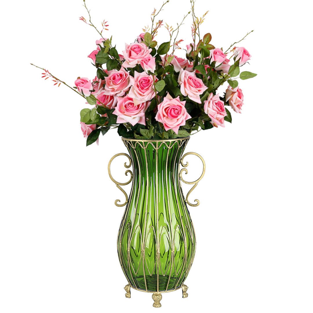 Soga 51cm Green Glass Tall Floor Vase With 12pcs Pink Artificial Fake Flower Set