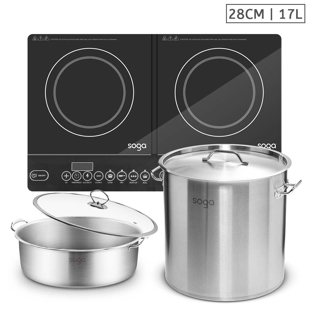 Soga Dual Burners Cooktop Stove, 17 L Stainless Steel Stockpot 28cm And 28cm Induction Casserole