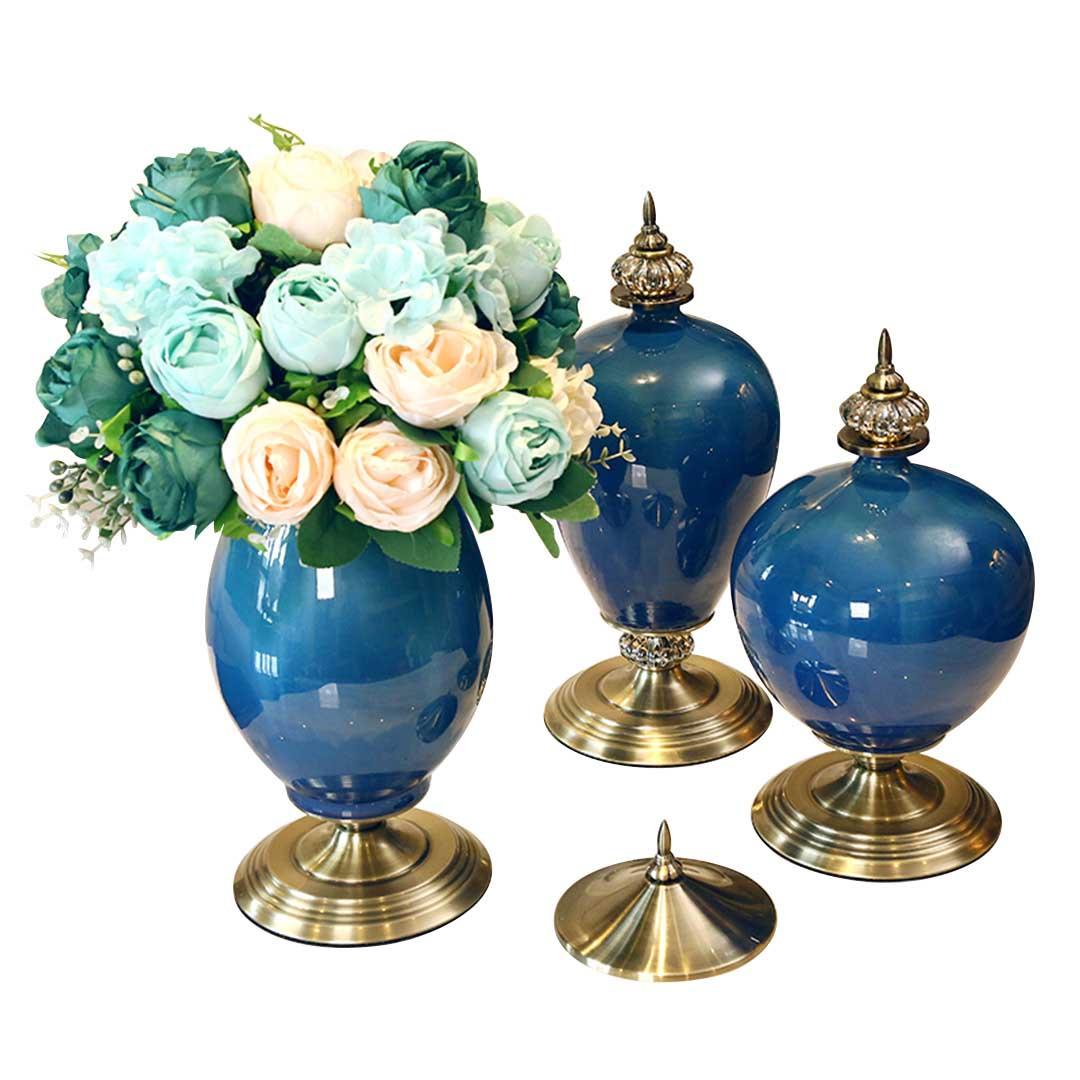 Soga 3 X Ceramic Oval Flower Vase With Blue Flower Set Dark Blue