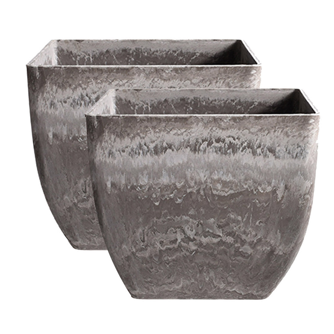 Soga 2 X 32cm Rock Grey Square Resin Plant Flower Pot In Cement Pattern Planter Cachepot For Indoor Home Office