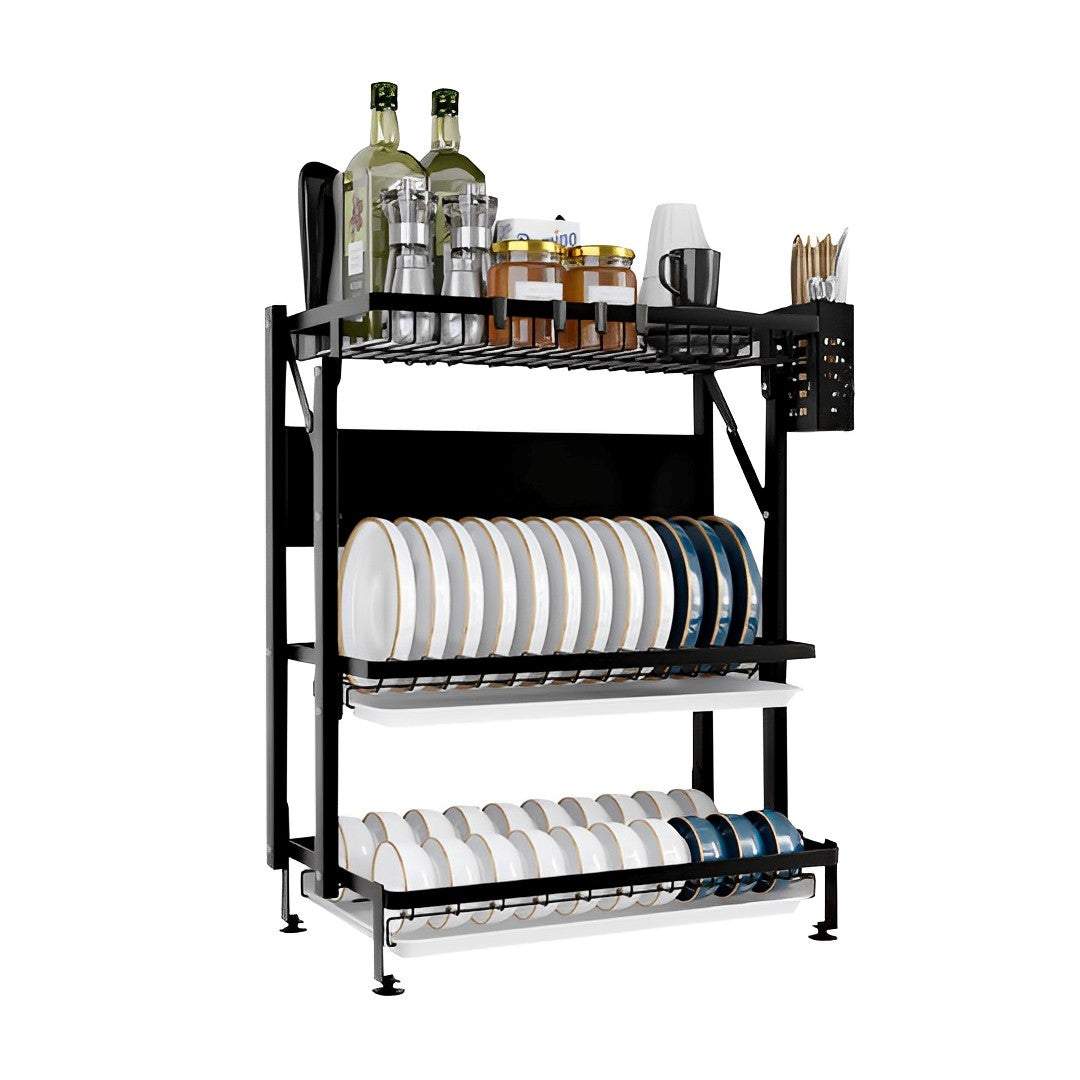 3 Tier Steel Black Kitchen Countertop Drying Rack Dish Plate Cutlery Cutting Board Holder Dish Drainer Kitchen Organiser