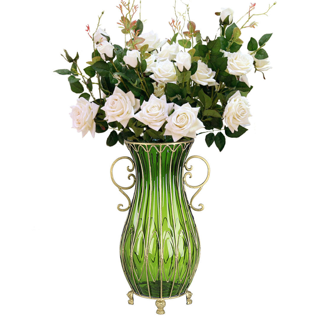 Soga 51cm Green Glass Tall Floor Vase With 12pcs White Artificial Fake Flower Set