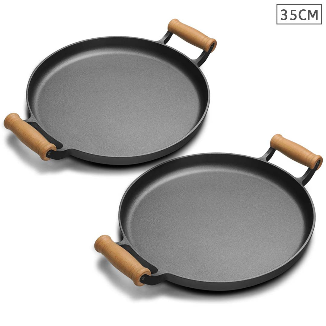 Soga 2 X 35cm Cast Iron Frying Pan Skillet Steak Sizzle Fry Platter With Wooden Handle No Lid