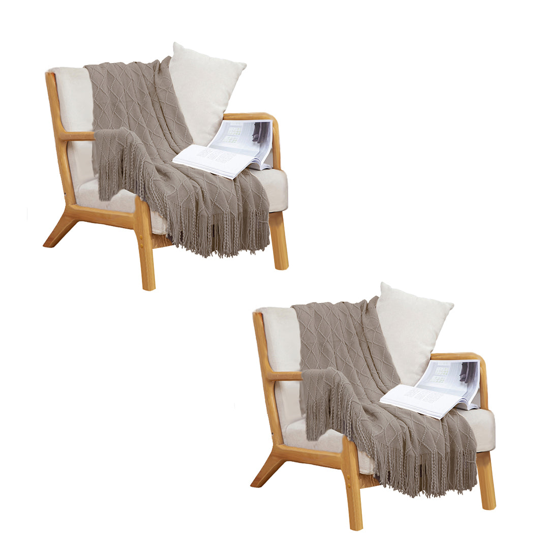 2X Coffee Diamond Pattern Knitted Throw Blanket Warm Cozy Woven Cover Couch Bed Sofa Home Decor with Tassels