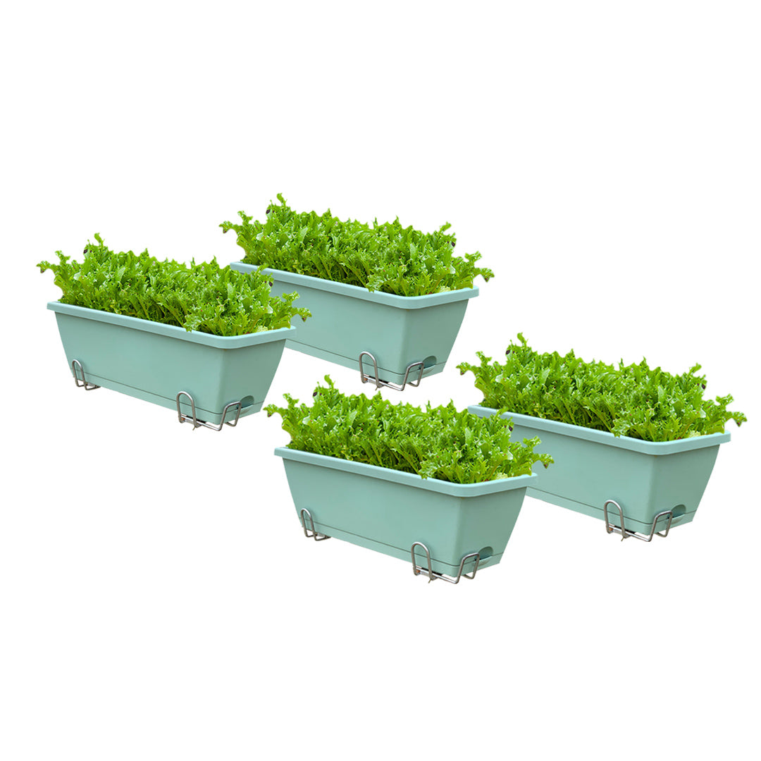 49.5cm Green Rectangular Planter Vegetable Herb Flower Outdoor Plastic Box with Holder Balcony Garden Decor Set of 4