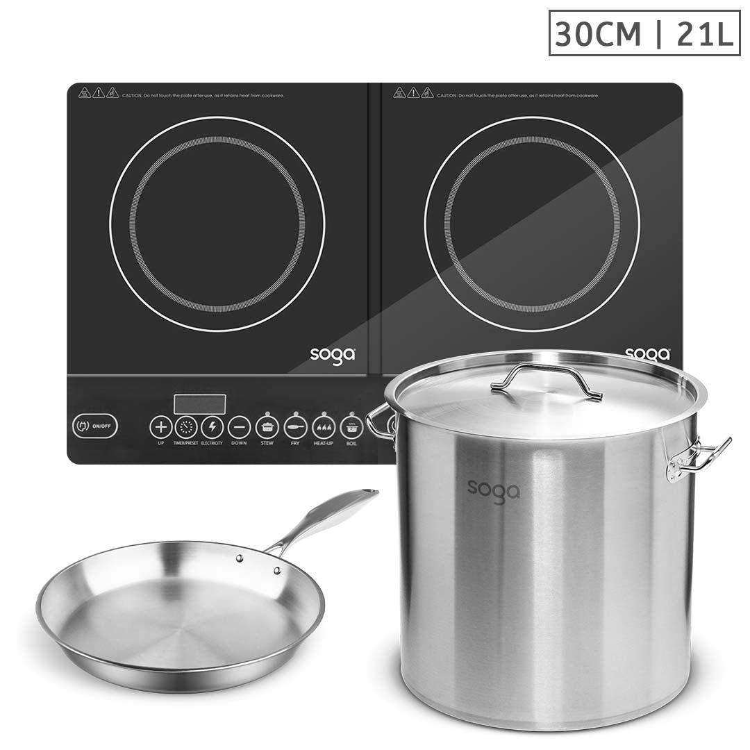 Soga Dual Burners Cooktop Stove, 21 L Stainless Steel Stockpot 30cm And 30cm Induction Fry Pan