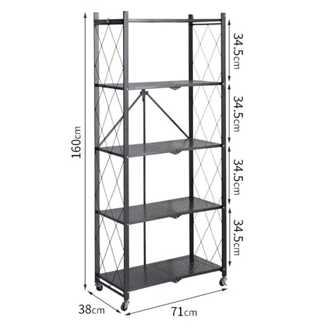 Soga 5 Tier Steel Black Foldable Kitchen Cart Multi Functional Shelves Portable Storage Organizer With Wheels